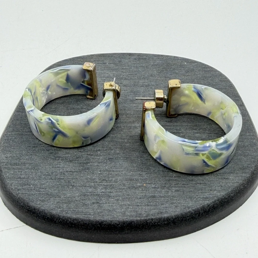 Earrings Marbled Chunky Hoop Vintage Y2K Cream Blue Green Gold Tone Statement